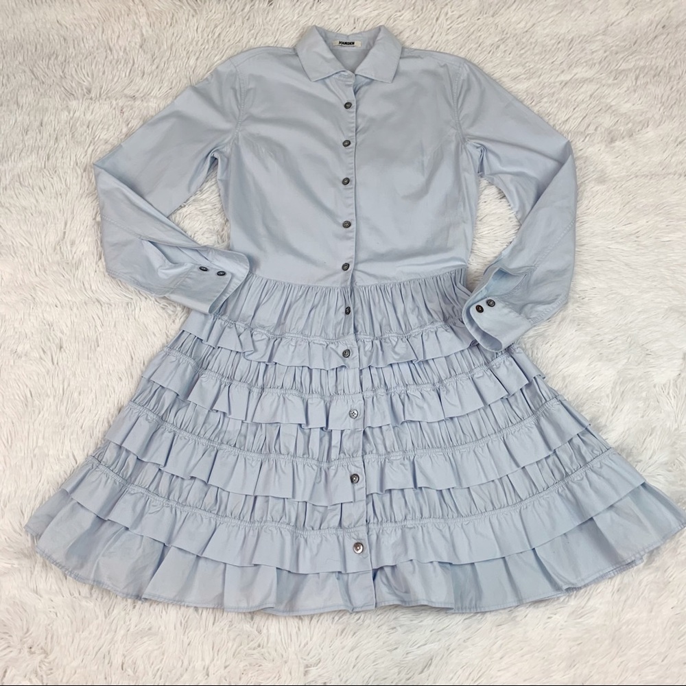 Jourden long sleeve tiered‎ ruffle shirt dress light blue button up